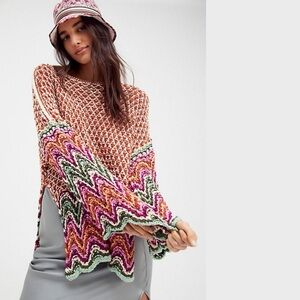 Free People Heatwave Crochet Knit Pullover Sweater in Cinnamon Sage Combo Large